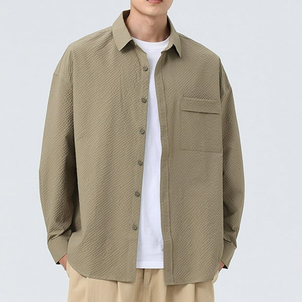 Blusa y camisa de manga larga con cuello vuelto para hombre, estilo casual, color liso, bolsillos cargo, botones y cremallera, blusa de manga larga con cuello vuelto, blusa de poliéster para hombre