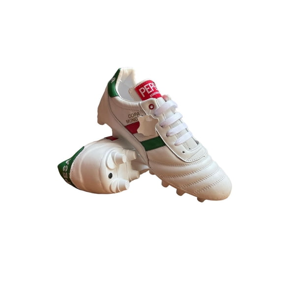 Tacos de Fútbol Profesional Copa Mundial Blanco con Franjas México – Piel Natural y Suela FG para Césped Natural