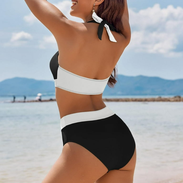 LTTVQM Modest Bikini Sets for Women High Waisted Wrap Front Bikini Tummy Control Bottoms Tummy Control Push Up Crop Top Swimsuit 2 Piece High Cut Color Block Bathing Suits Black XXL