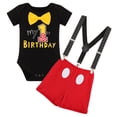 thumbnail image 4 of IBTOM CASTLE Toddler Baby Boys Mouse Cosplay Bowtie Romper + Suspenders + PP Pants + Mouse Headband 1st Birthday Outfit Halloween Cake Smash Tuxedo Clothes 12-18 Months Black - My 1st Birthday, 4 of 8