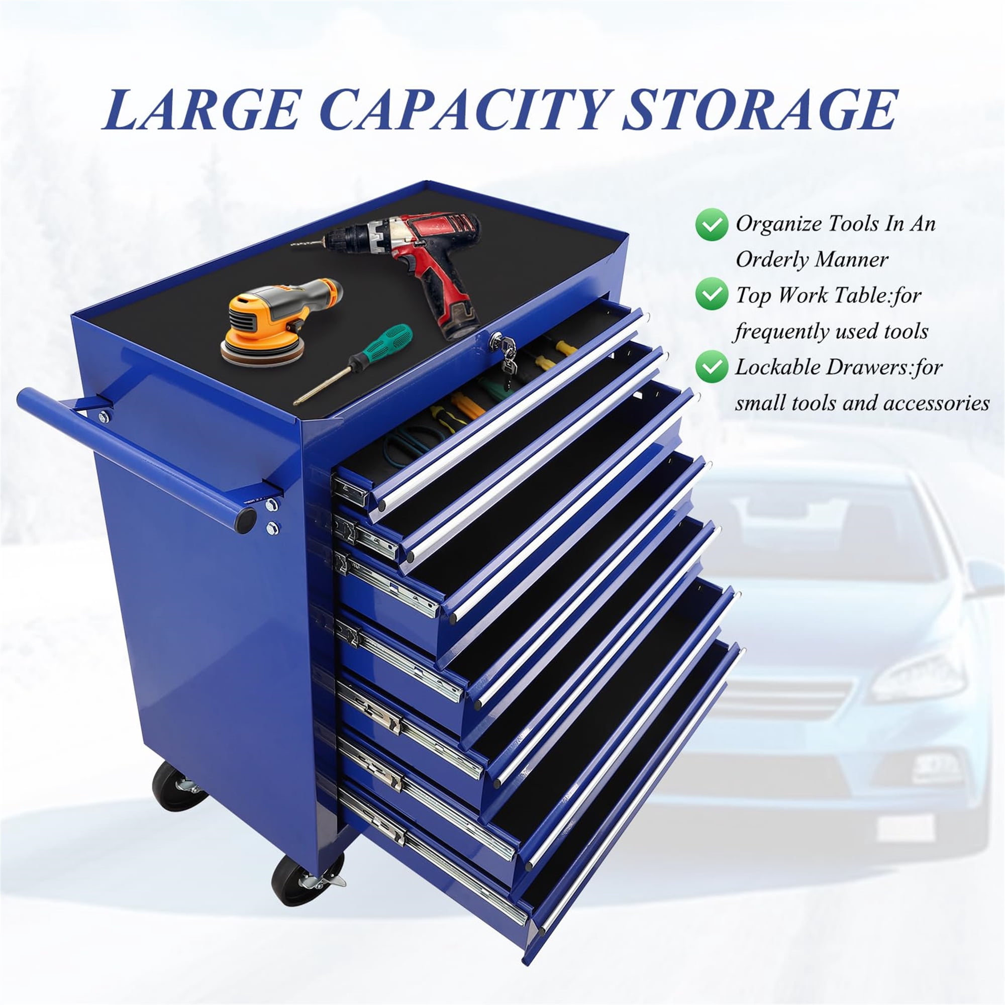 Aukfa Tool Chest, 24.5 in 7-Drawer Steel Rolling Tool Box on Wheels for Workshop Garage, Blue