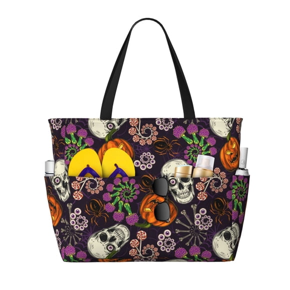 Fotbe Halloween With Skull Bolsa de Viaje para Playa - Resistente al Agua, Bolsa Tote de Gran Capacidad y Ligera con 7 Bolsillos para Mujeres y Hombres