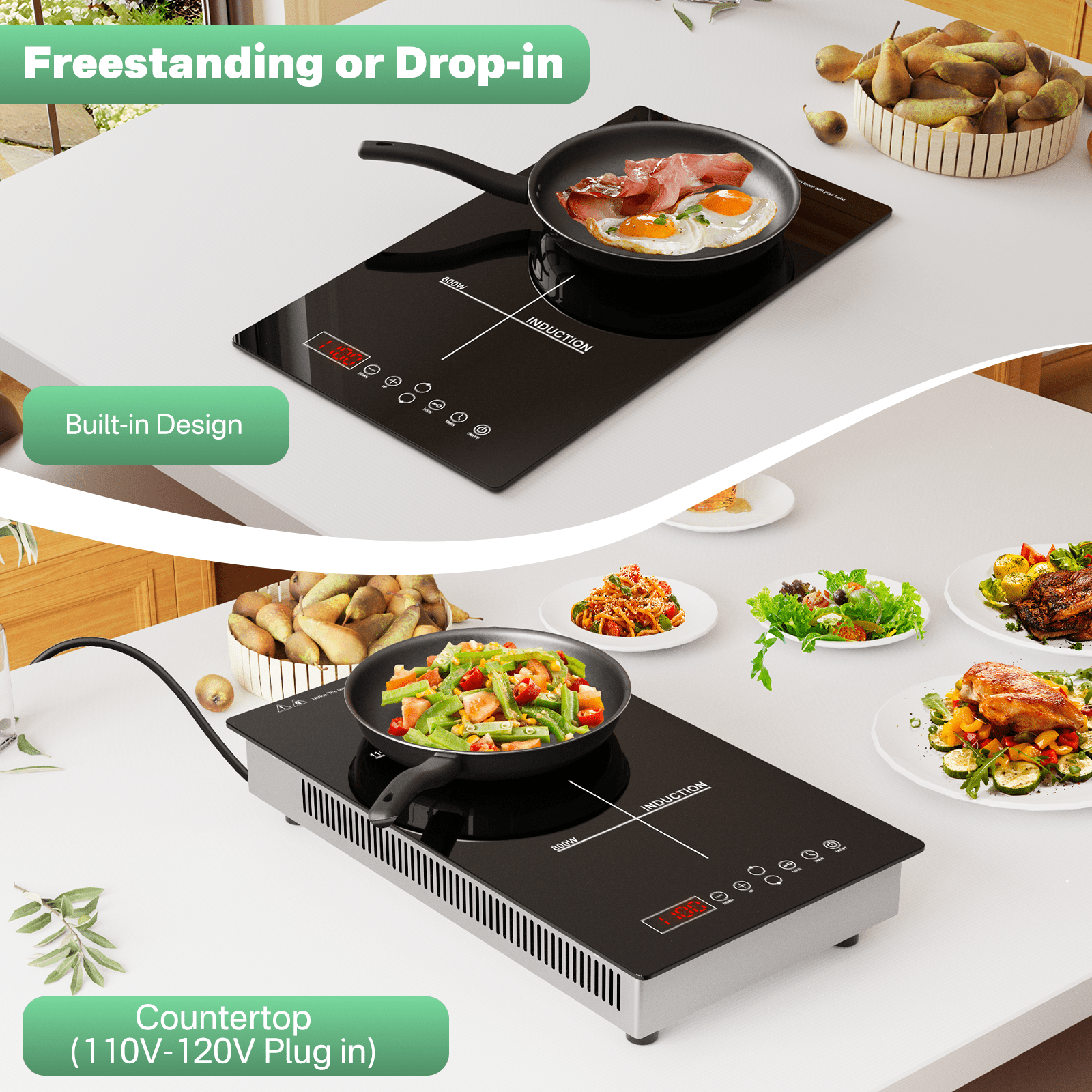 2 Burner Induction Cooktop, 12 inch Electric Countertop & Built-in Stove, Dual Zone Hot Plate with Touch Control, 120V Plug-in Electric Cooktop For Kitchen