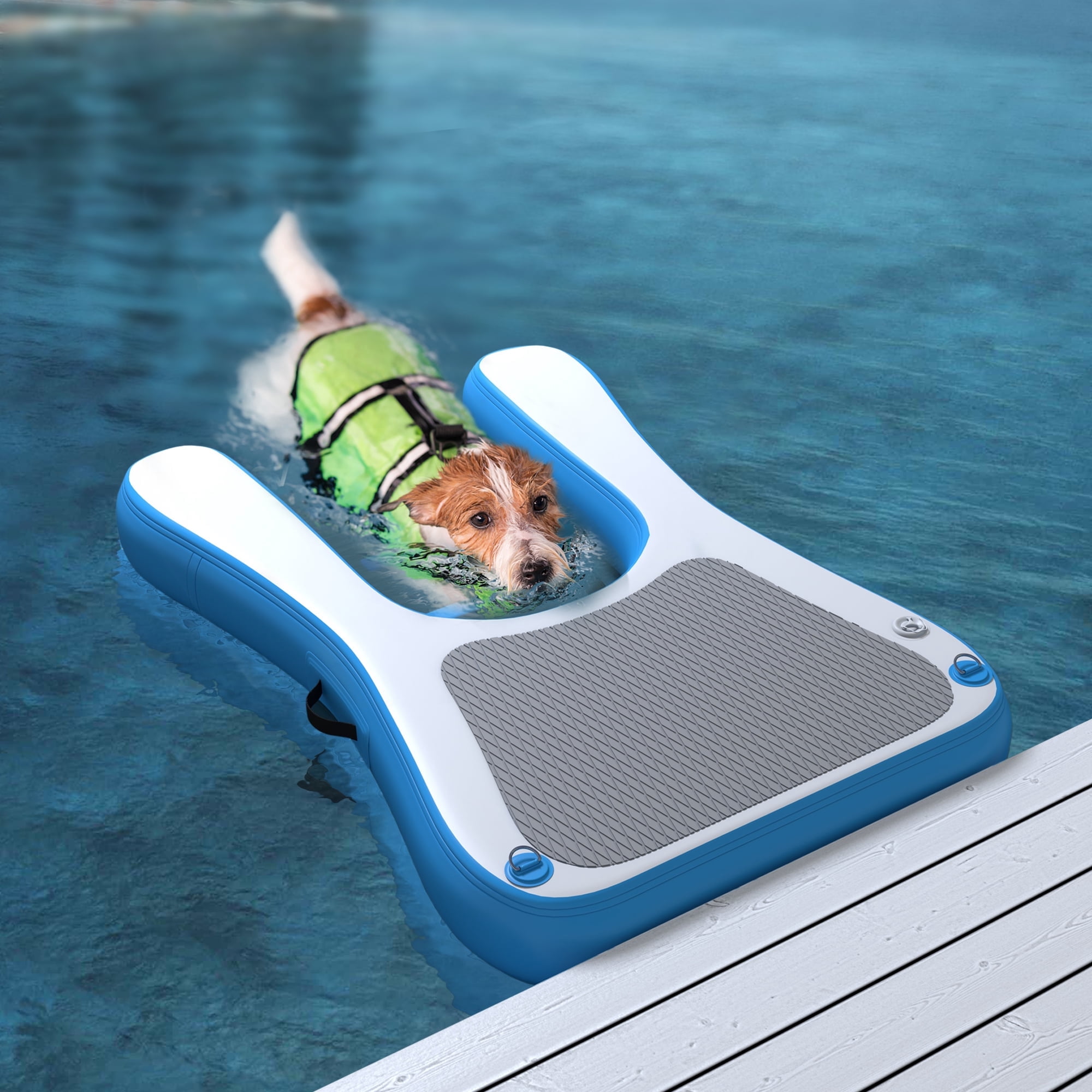 Blue Inflatable Dog Boat Ramp - Floating Dock Ladder for Pool/Lake, Non-Slip EVA Foam Platform Supports Up to 230 lbs - Portable & Easy Inflate/Deflate with 4 Steps & Handles