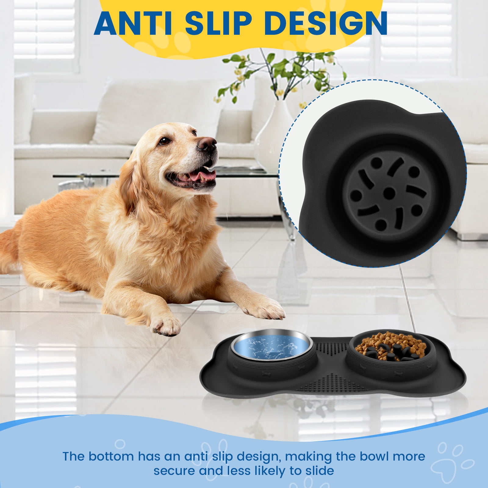 Slow Feeder Dog Bowl with Nonslip Silicone Mat Slow Eating Cat Bowl Detachable Slow Feeder and Water Bowl Set Dog Slow Feeding Bowl Stainless Steel Water Bowl for Dogs Cats