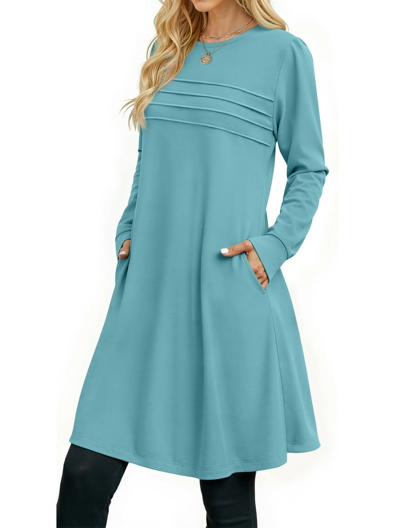 Fantaslook Pleated Long Sleeve Dresses for Women Fashion Fall Dresses Casual Dress with Pockets