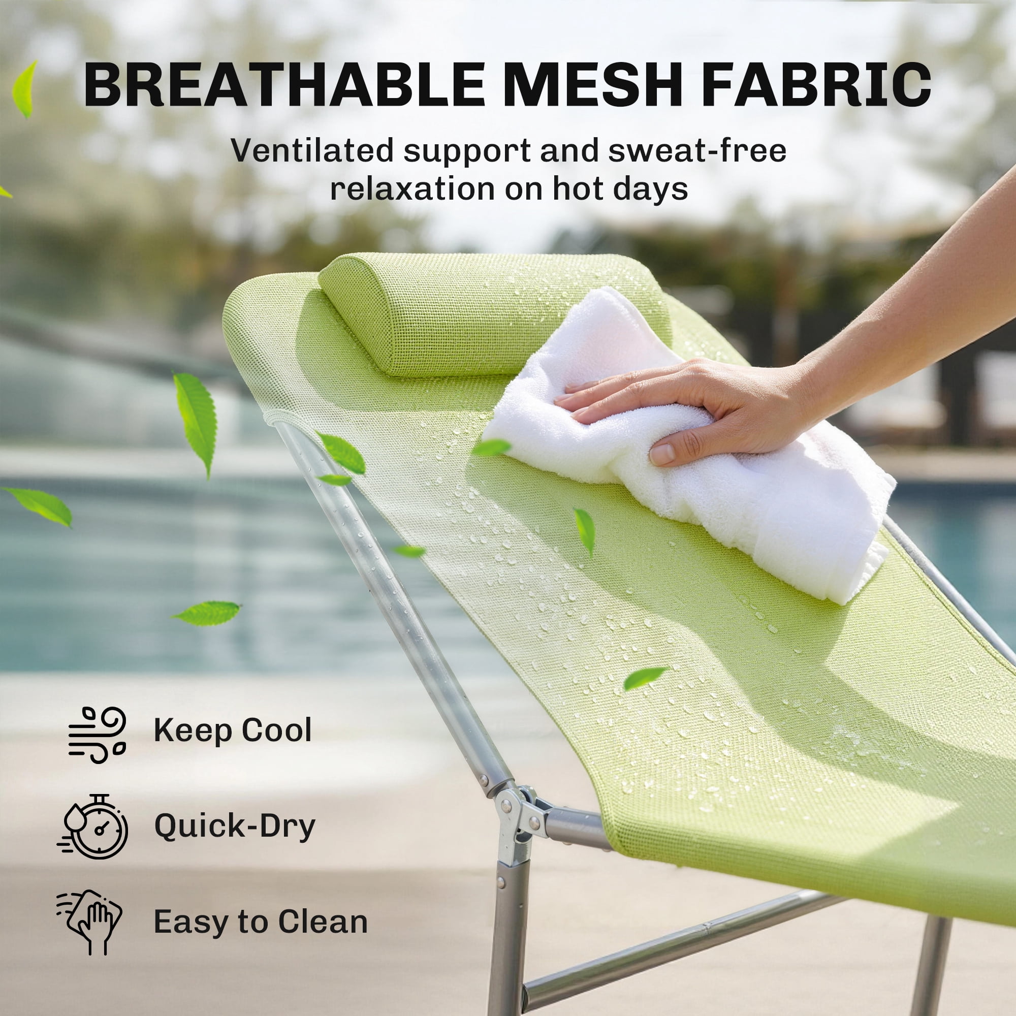 Outsunny Portable Sun Lounger, Lightweight Folding Chaise Lounge Chair w/ Adjustable Backrest & Pillow for Beach, Poolside, Patio, Silver Frame Green