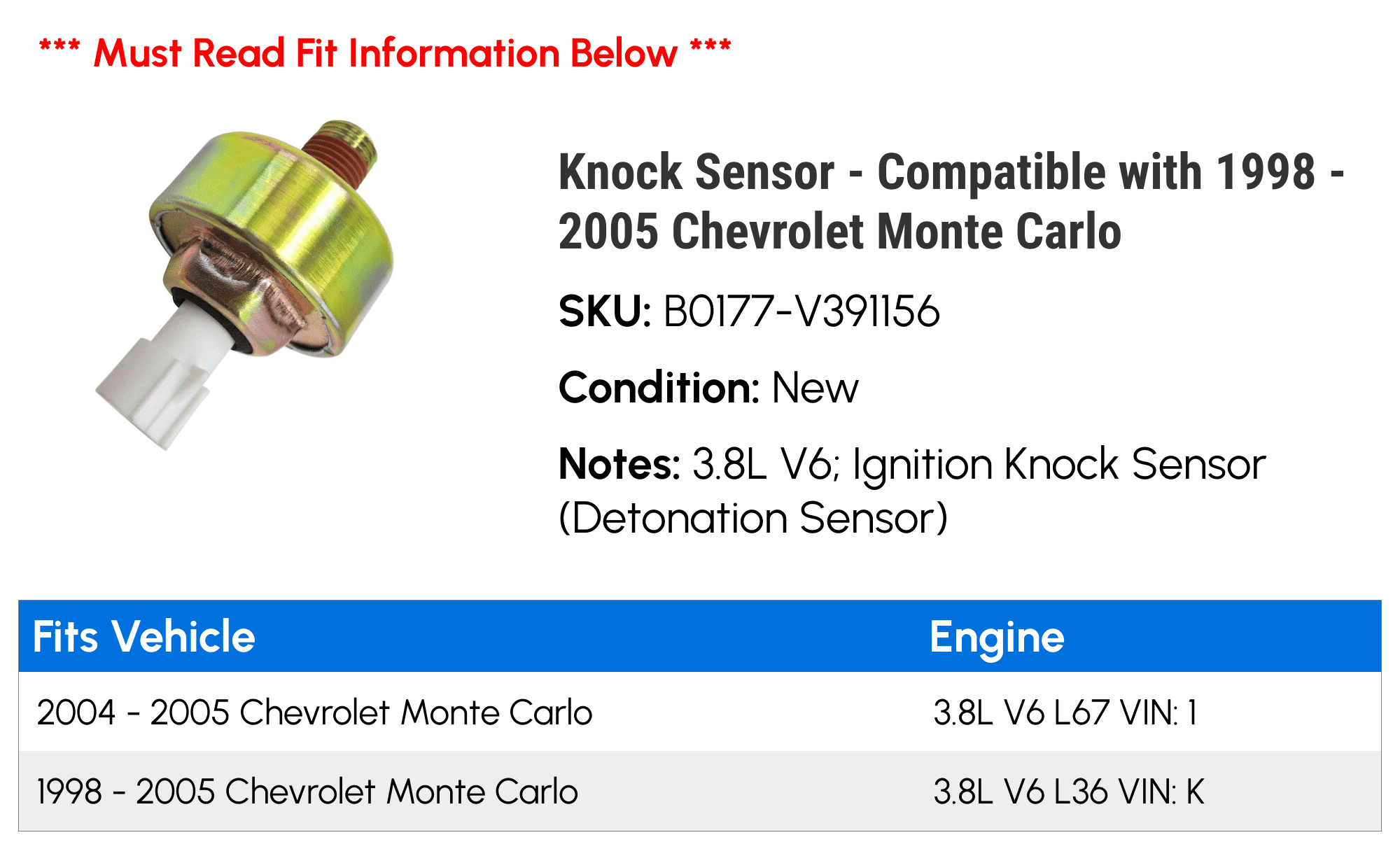Knock Sensor - Compatible with 1998 - 2005 Chevy Monte Carlo 1999 2000 2001 2002 2003 2004