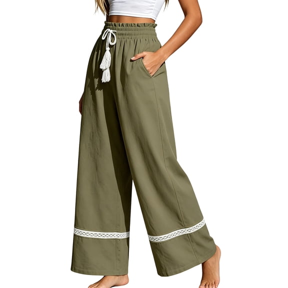 hlysgo Women's Casual High Waist Pants Tassel Drawstring Lace Trim Wide Leg Palazzo Pant Flowy Boho Casual Trousers with Pockets Army Green,M
