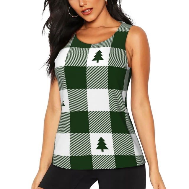 Balery Green White Lumberjack Plaid Camiseta sin mangas estampada ligera para mujer, tops de entrenamiento sin mangas, camisetas de yoga transpirables de secado rápido.-Large
