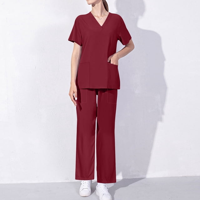UPPADA Sarraus Médicaux pour Femmes Ensembles Extensibles Haut à Col en V et Pantalon Cargo à Jambe Grand Ensemble de Sarrau avec Tailles Régulières et Petites Ensemble de Sarrau Athlétique Tenue de Travail d'Infirmière Bourgogne,TG