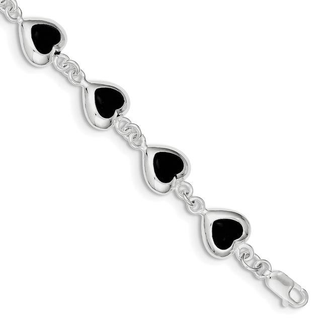 925 Sterling Silver 7inch Fancy Polished Heart Onyx Bracelet