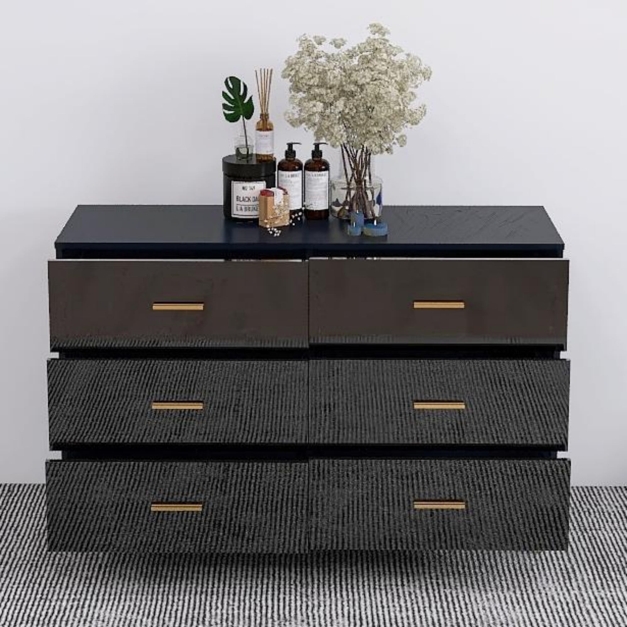 Jopath 6-Drawers Dresser for Bedroom,Modern High Glossy Surface Chest of Drawer with Golden Steel Legs,Wood Storage Organizer for Living Room,Black02