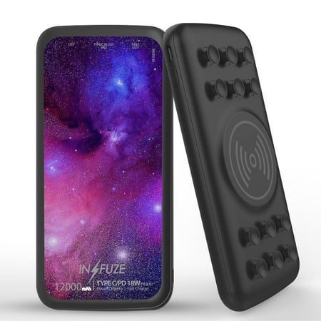 

INFUZE Qi Wireless Portable Charger for REVVL V+ 5G External Battery (12000 mAh 18W Power Delivery USB-C/USB-A Quick Charge 3.0 Ports Suction Cups) with Touchless Tool - Purple Nebula