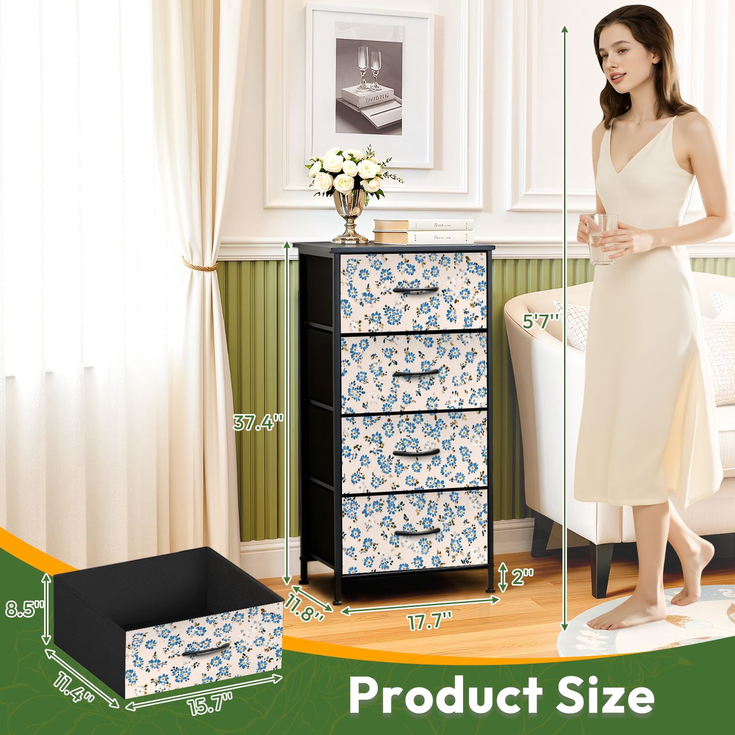 4 Drawer Vertical Storage Dresser Vintage floral Floral small blue