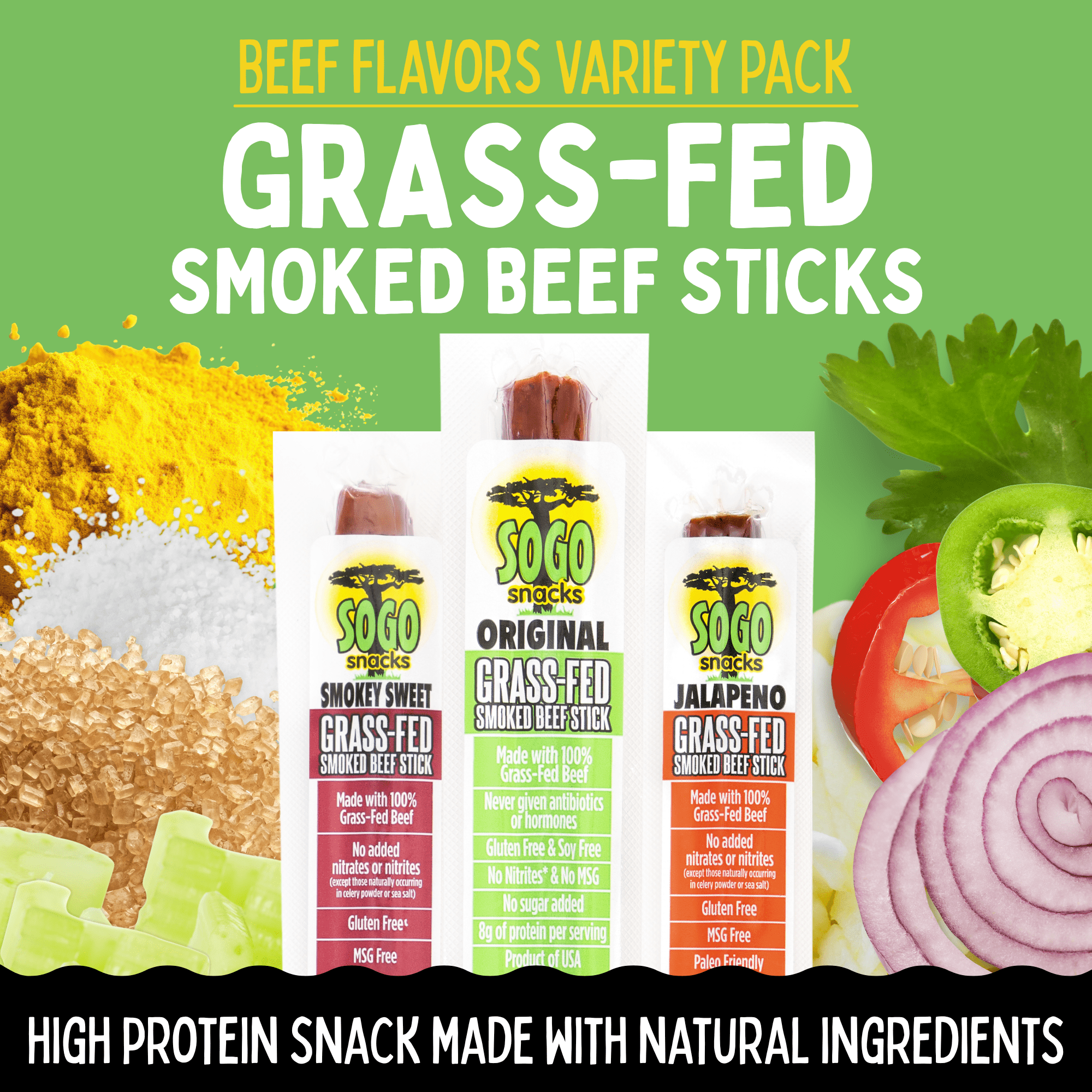 Sogo Snacks Beef Sticks Variety Pack 100% Grass-Fed Non-GMO Keto 48 Count 1-oz