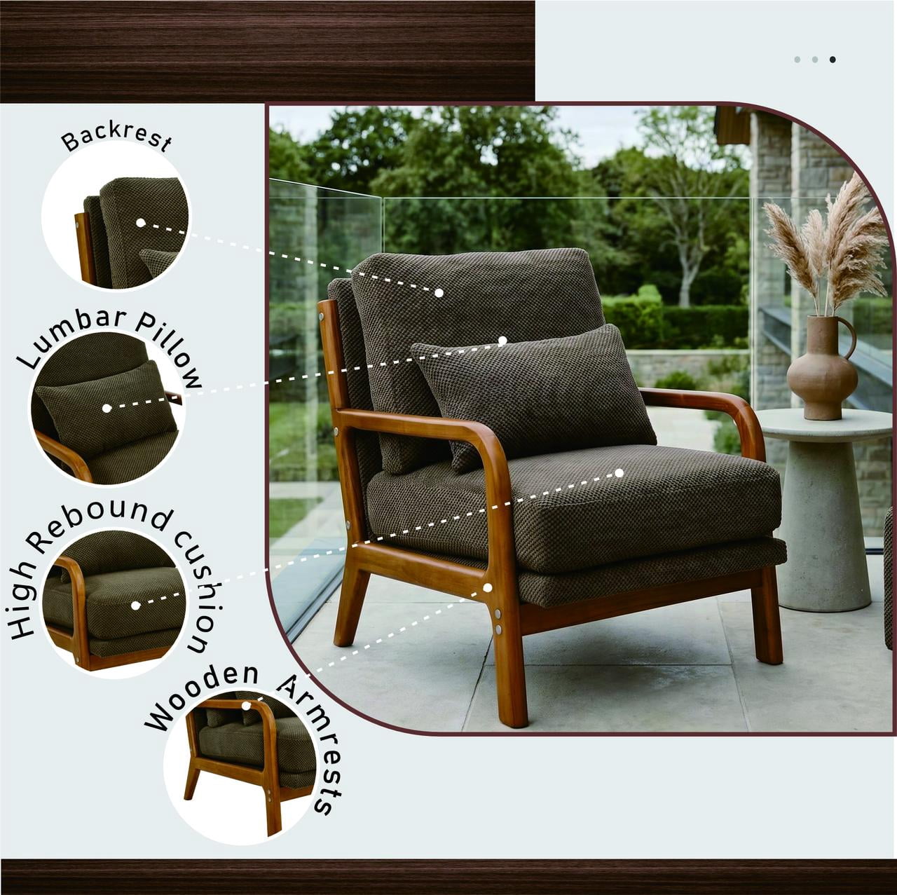 Homy Casa Mid-Century Modern Accent Chair, Nubby Upholstered Armchair with Solid Wood Frame, Brown
