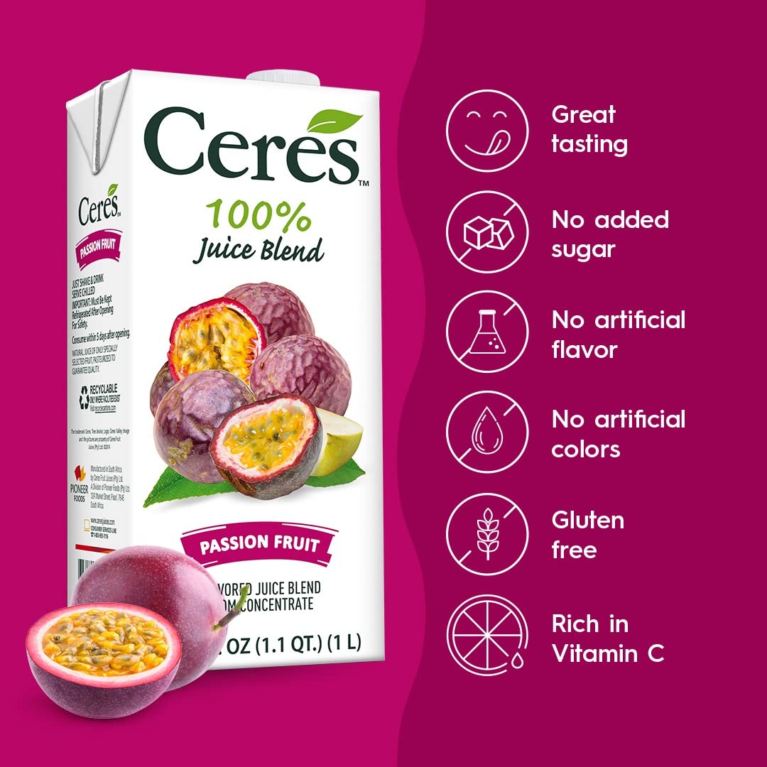 Ceres 100% All Natural Pure Fruit Juice Blend, Passion Fruit - Gluten Free, Rich in Vitamin C, No Added Sugar or Preservatives, Cholesterol Free - 33.8 FL OZ (Pack of 12)