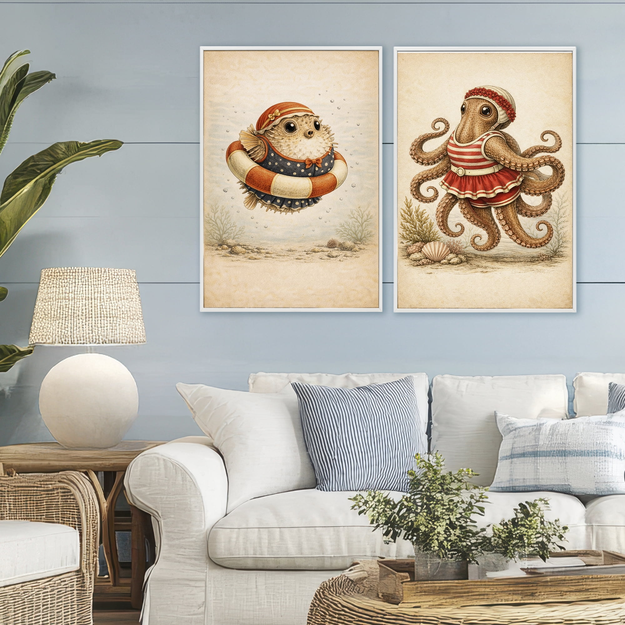 Stupell Industries Vintage Maritime Bathing Creatures 2 Piece White Framed Giclee Art Set, design by Grotto Studios