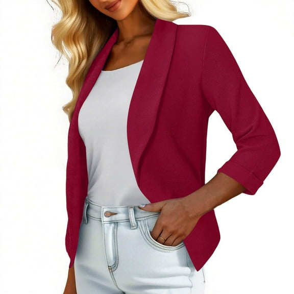 Heisall Women's 3/4 Sleeve Cropped Blazer Lightweight Open Front Cardigan Jacket for Business Causal S-2XL