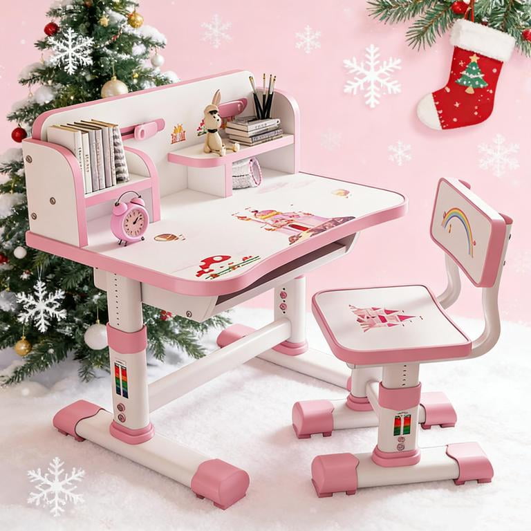 YNCE Kids Desk and Chair Set, Adjustable Height Ergonomic Study Table with Vision Protection & Book Bucket, 3-18 Years Children's Writing Desk Set with Cartoon Pattern, Easy Assemble