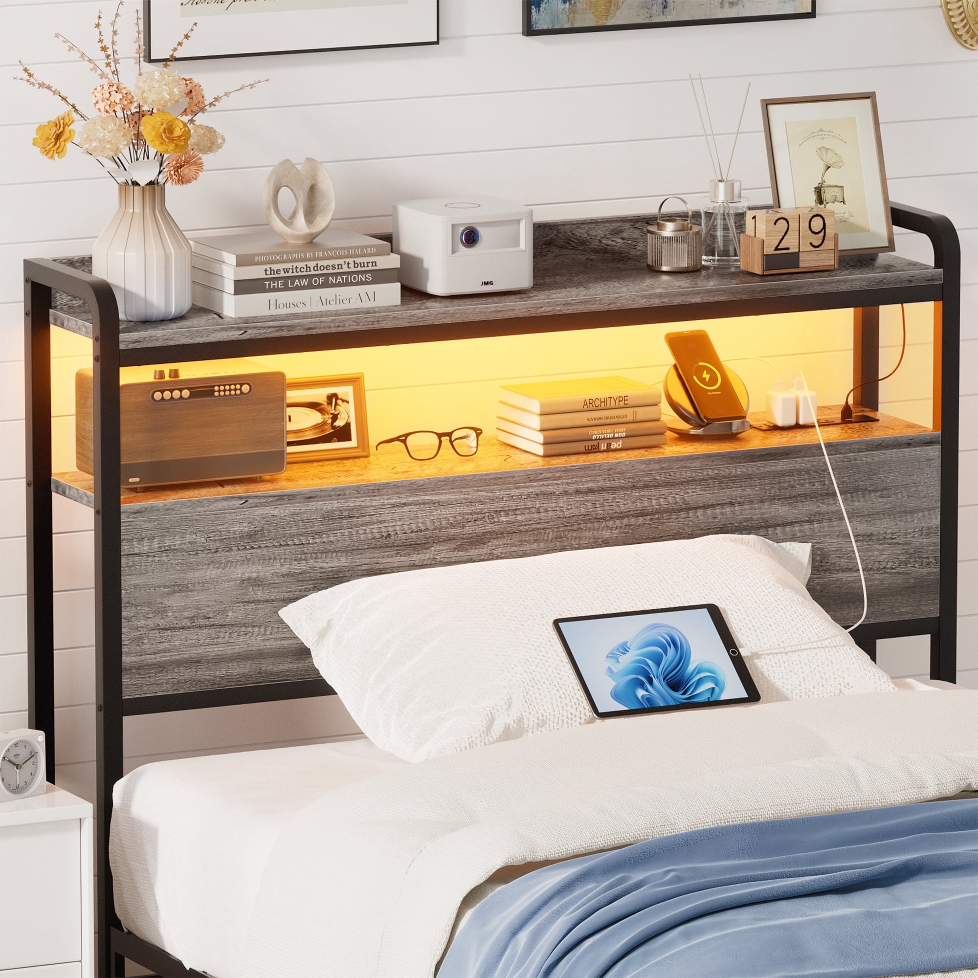 iSunrim Headboard for Twin Size Bed Frame, Headboard with Charging Station, USB Ports and LED Light, Headboard with Storage, Height Adjustable, Twin Size, Black Oak