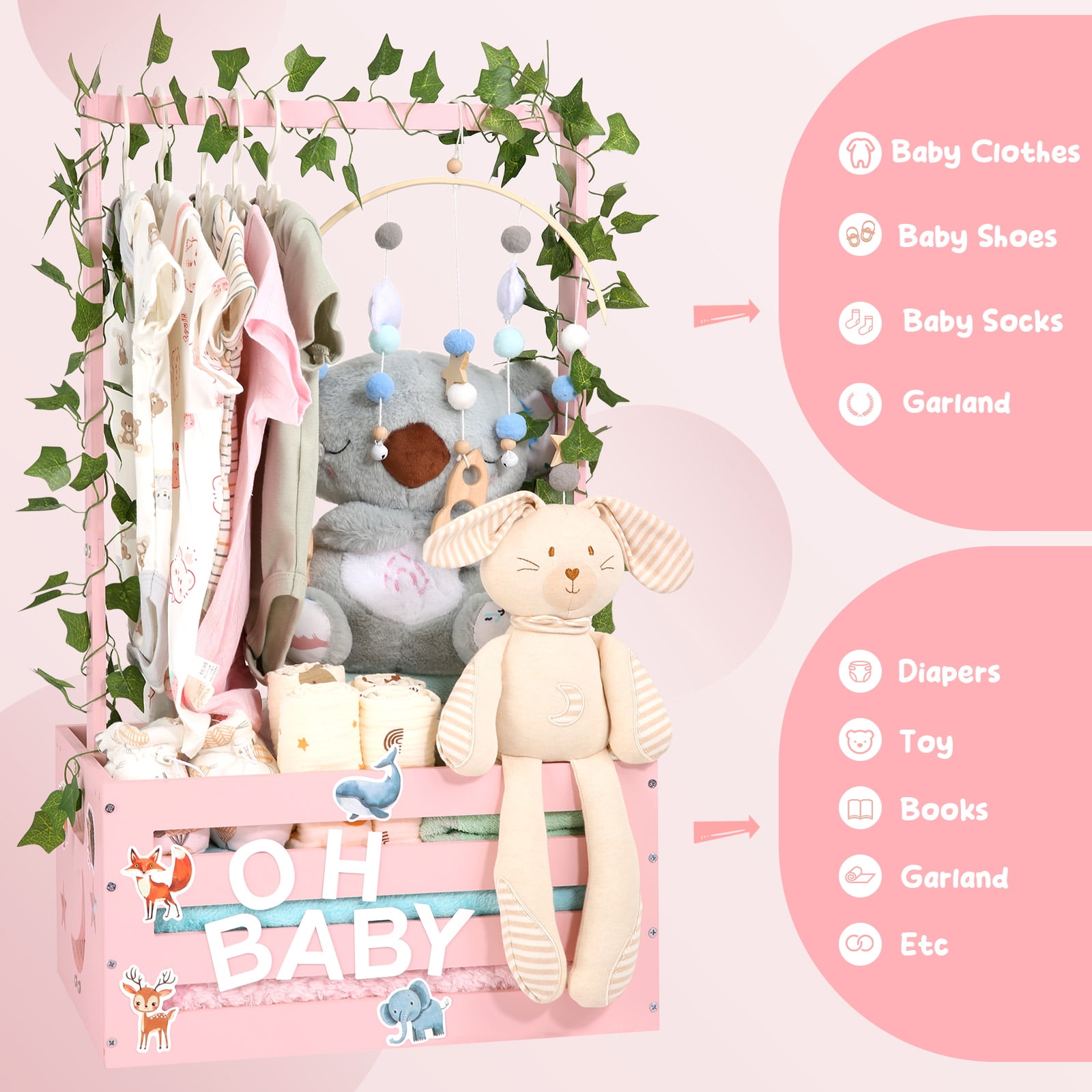 TeSabMi Large Baby Shower Gifts Basket Wooden Crate, Personalized Wooden Letters Hangers New Born Baby Girl Boy Pregnancy Gifts for New Mom Parents Vine Decorations Cute Closet with Adjustable Handle