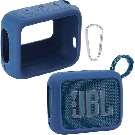 for JBL Go 4 Waterproof Bluetooth Speaker Silicone Cover Case Portable Silicone Travel Case with Carabiner Protective Skin Case (Blue Case) -