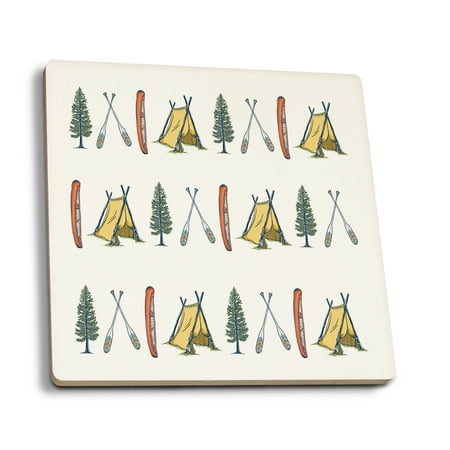- Pattern - Canoe, Tent, Tree - Lantern Press Artwork (Set of 4 Ceramic Coasters - Cork-backed, Absorbent)