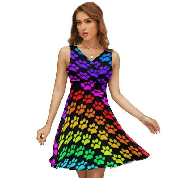 Rainbow Dog Paw Women's Tank Dress V Neck Sleeveless Summer Sundress