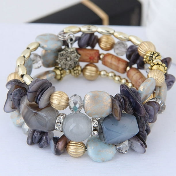 Nvzi Pulseras de cuentas irregulares multicapa con dijes de flores, estilo retro de verano, joyería étnica, color gris