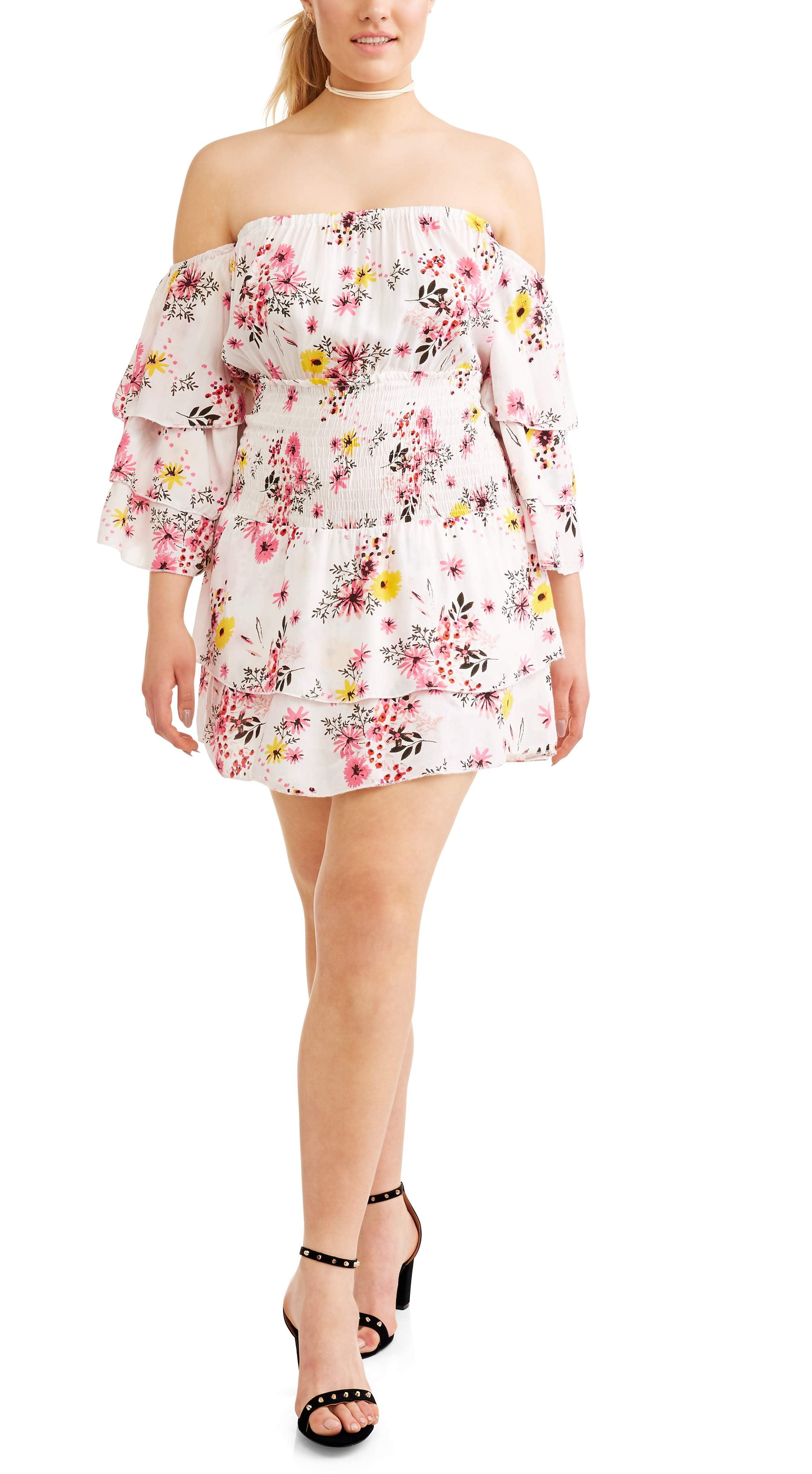 Poof Apparel Juniors' Plus Size Off Shoulder Triple Ruffle Sleeve