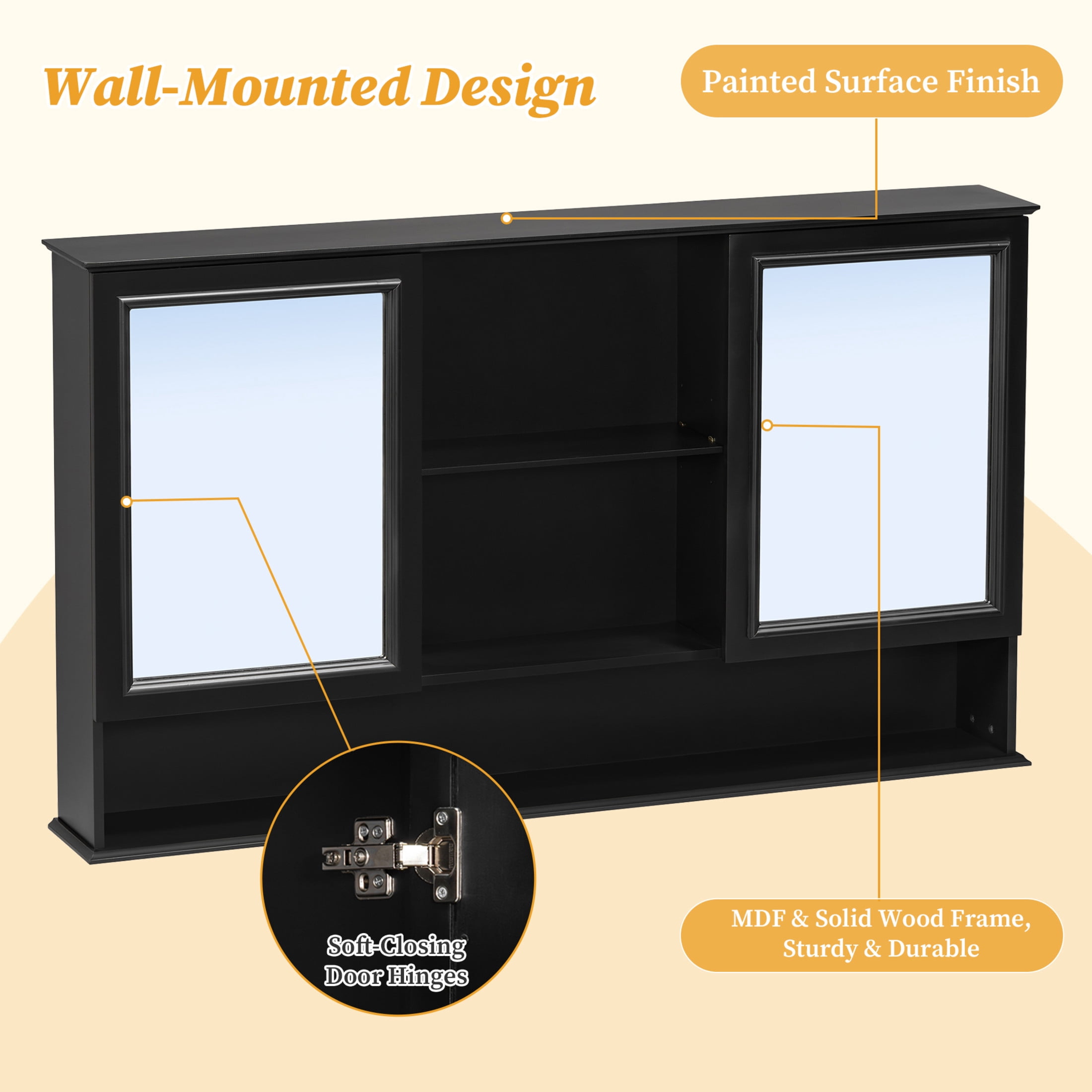 Christopher Knight Home 60" Wall-Mounted Bathroom Storage Cabinet with Double Mirrored Doors, Black