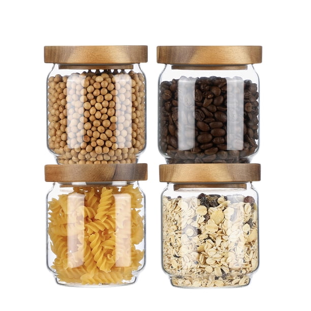 Juego de 4 frascos de vidrio Homtop de 450 ml con tapas de madera de acacia