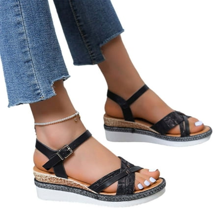 

Summer Savings Clearance! PEZHADA Womens Sandals Wedge Sandals for Women Casual All-match Ladies Shoes Black Heeled Sandals Platform For Dressy Summer Black