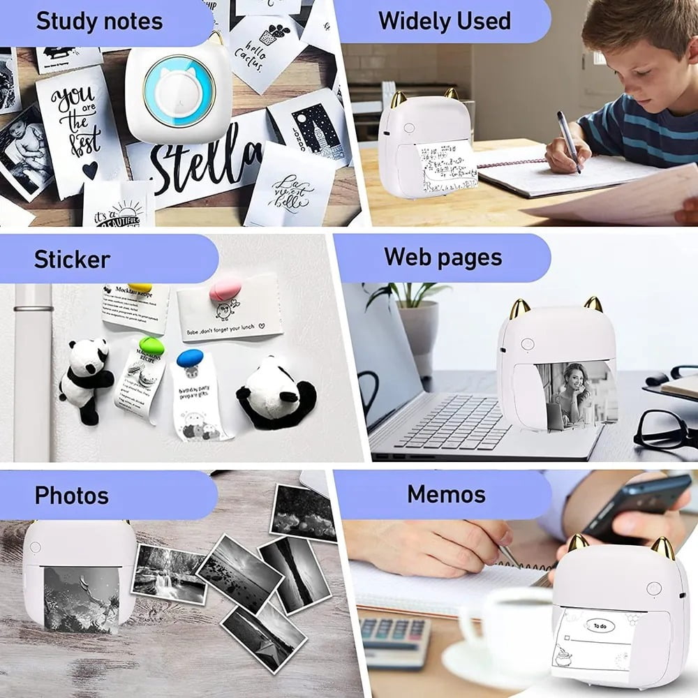 Mini portable thermal printer, ChaoriMall, MP-40, 203 dpi, 3 rolls white thermal paper, 3 Rolls white self-adhesive thermal paper, 3 rolls colored thermal paper, 1 random cartoon stickers, 1 Storag