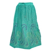 Mogul Women's Long Skirt Green Rayon Printed Golden Bootis Summer Fashion Skirts