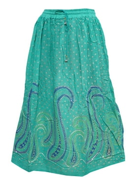 Mogul Women's Long Skirt Green Rayon Printed Golden Bootis Summer Fashion Skirts