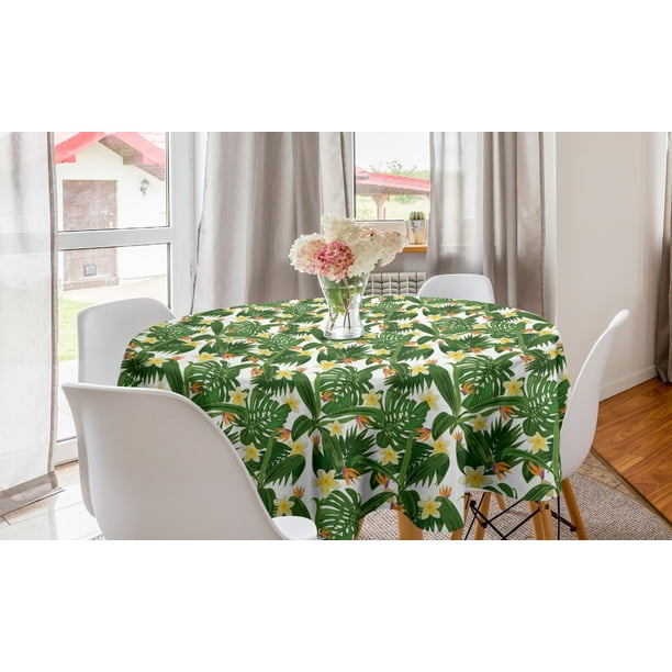 Tropical Round Tablecloth, Monstera Palm Leaves Hibiscus Flowers