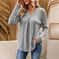thumbnail image 4 of Women's V Neck Long Sleeve Ribbed Knit Tunic Tops Button Decor Pleated Front Casual Loose Fit Blouse Fall Winter Fashion Sweater Gray, 4 of 9