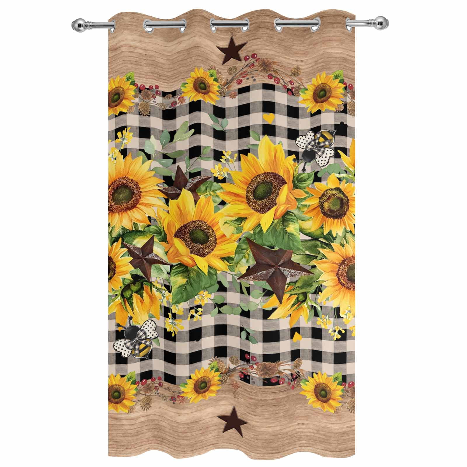 Outdoor Curtains for Patio Waterproof, Spring Sunflower Windproof Pravicy Outside Porch Blackout Curtain, Checkered Star Farmhouse Retro Sun Blocking Grommets Curtains for Cabana Gazebo 54"x108"