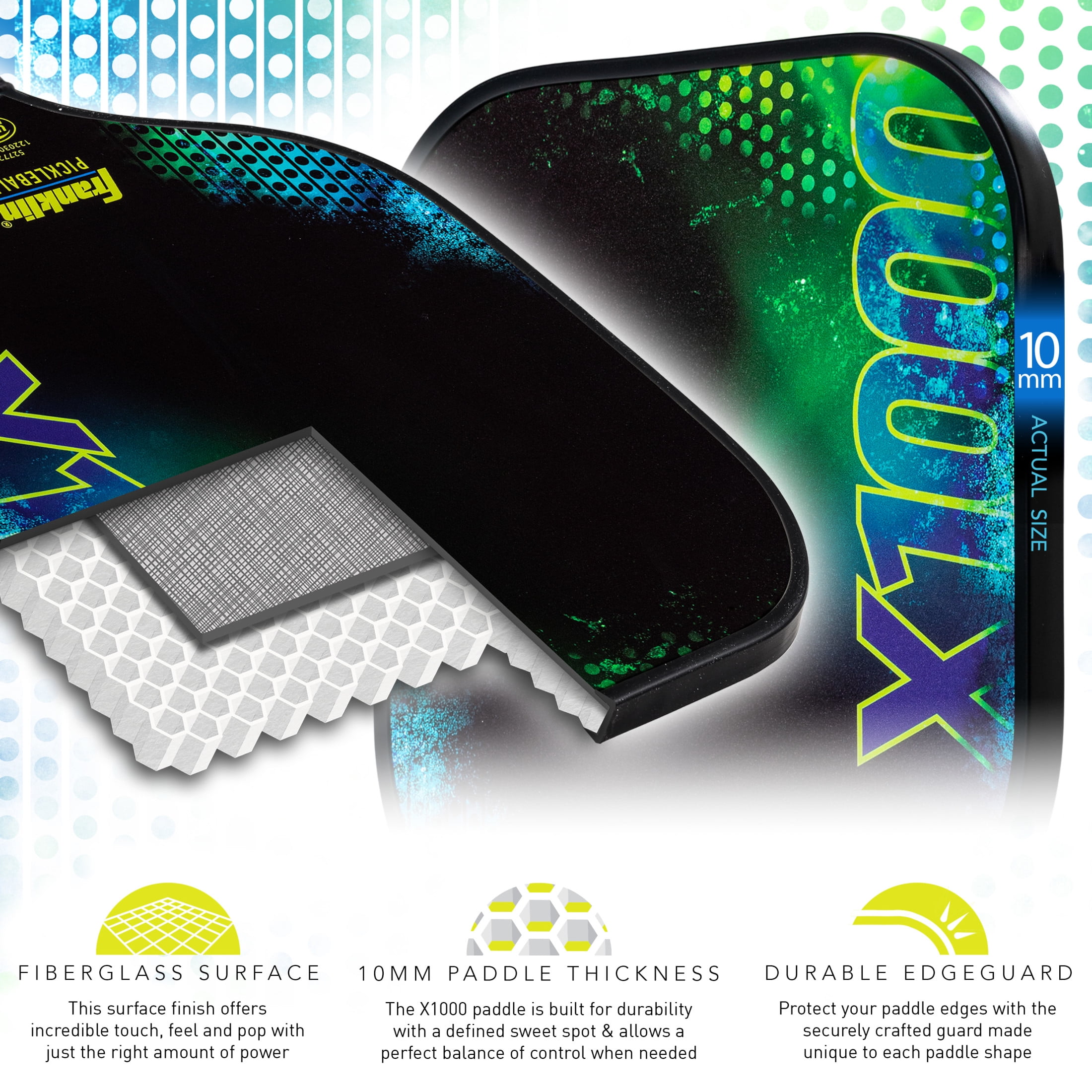 Franklin Sports Pickleball Paddle - X-1000 Polypropylene Core Pickleball Racket - Official USA Pickleball (USAPA) Approved Pickleball Paddle - Lightweight Pro Racket - Green - 8mm Thick Core