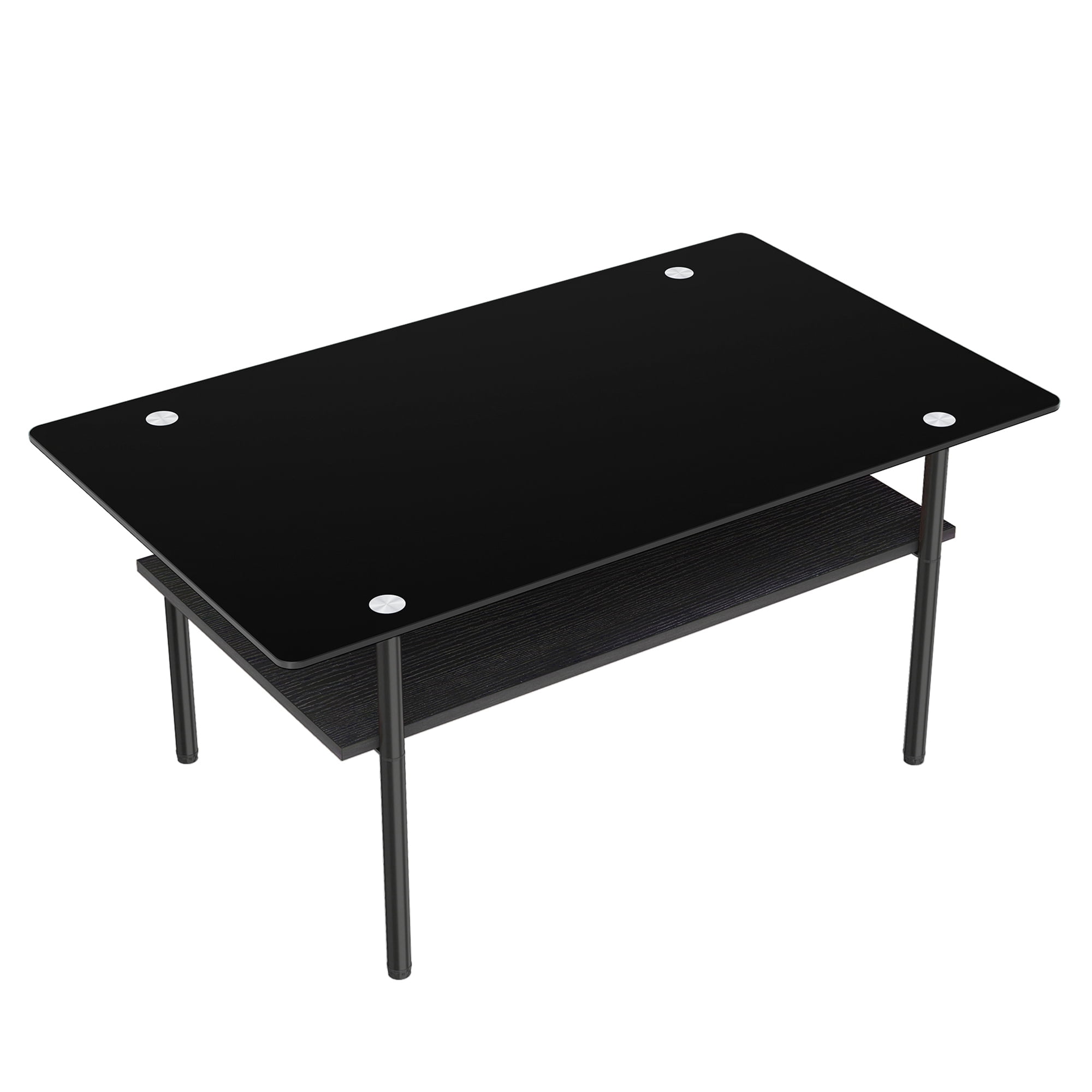 Modern Rectangular Glass Coffee Table with Tempered Glass Top and Wood Shelf, 38.6-Inch Center Table for Living Room, Black