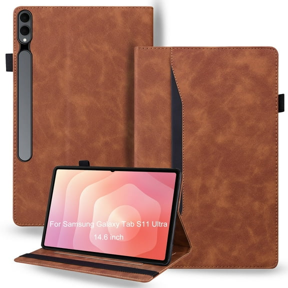 Shockproof Case for Samsung Galaxy Tab S11 Ultra 14.6" 2025 (SM-X930/SM-X936B) - PU Leather & TPU Hybrid Protective Folding Cover with Anti-Slip Grip Strap, Card Slots & Kickstand -Brown