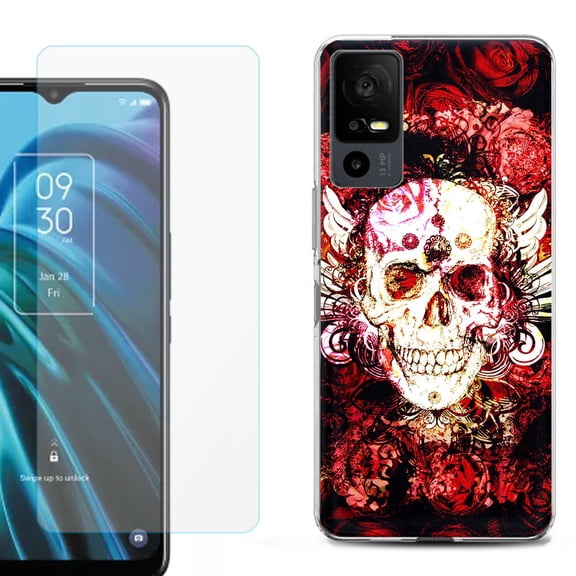 OneToughShield ® for TCL 40 XE 5G Shockproof Fashion Phone Case, with Tempered Glass Screen Protector - Rose Skull