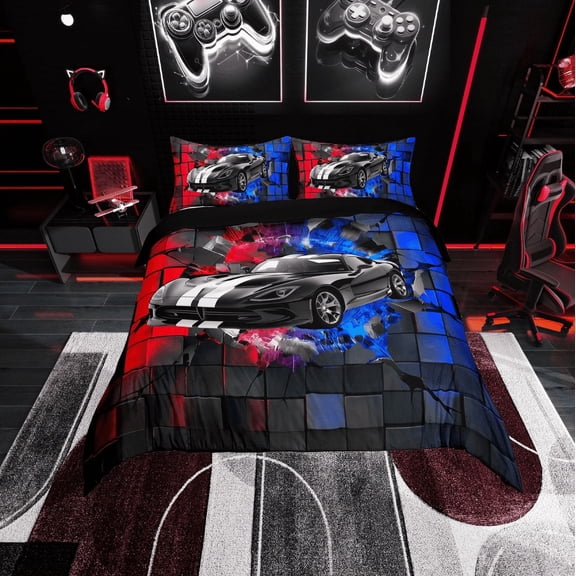 Erosebridal Racing Car Comforter Cover Twin,Geometric Buffalo Bedding Twin Size,Blue Purple Duvet Cover Twin,Lightweight Car Room Decoration,Reversible,3pcs(No Comforter)