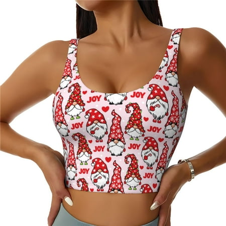 Adobk Christmas Gnome Print Sports Bras for Women Longline Workout Crop Tank Tops Padded with Built in Shelf Padded Sports Bra-Medium