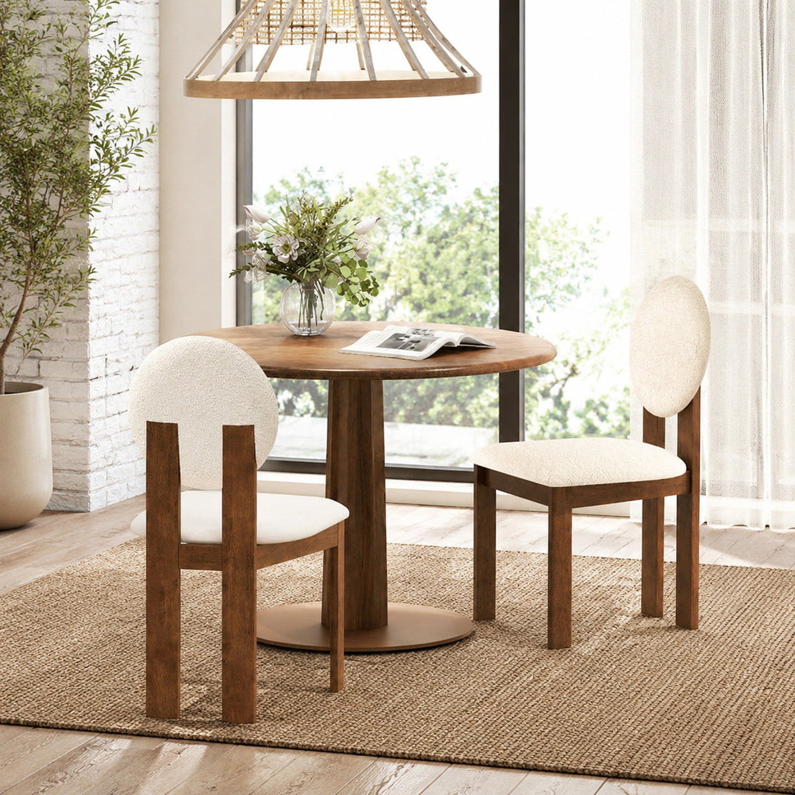 Furnibear Sherpa Upholstered Dining Chairs Set of 2 with Rubber Wood Legs for Kitchen Living Room and Restaurant Seating, White