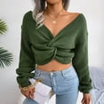 thumbnail image 4 of Arlun Women's Cropped Wrap Sweaters V-Neck Long Sleeve Cross Front Knitted Sweaters Solid Color Casual Loose Fit Knit Basic Pullover Tops Green S, 4 of 7