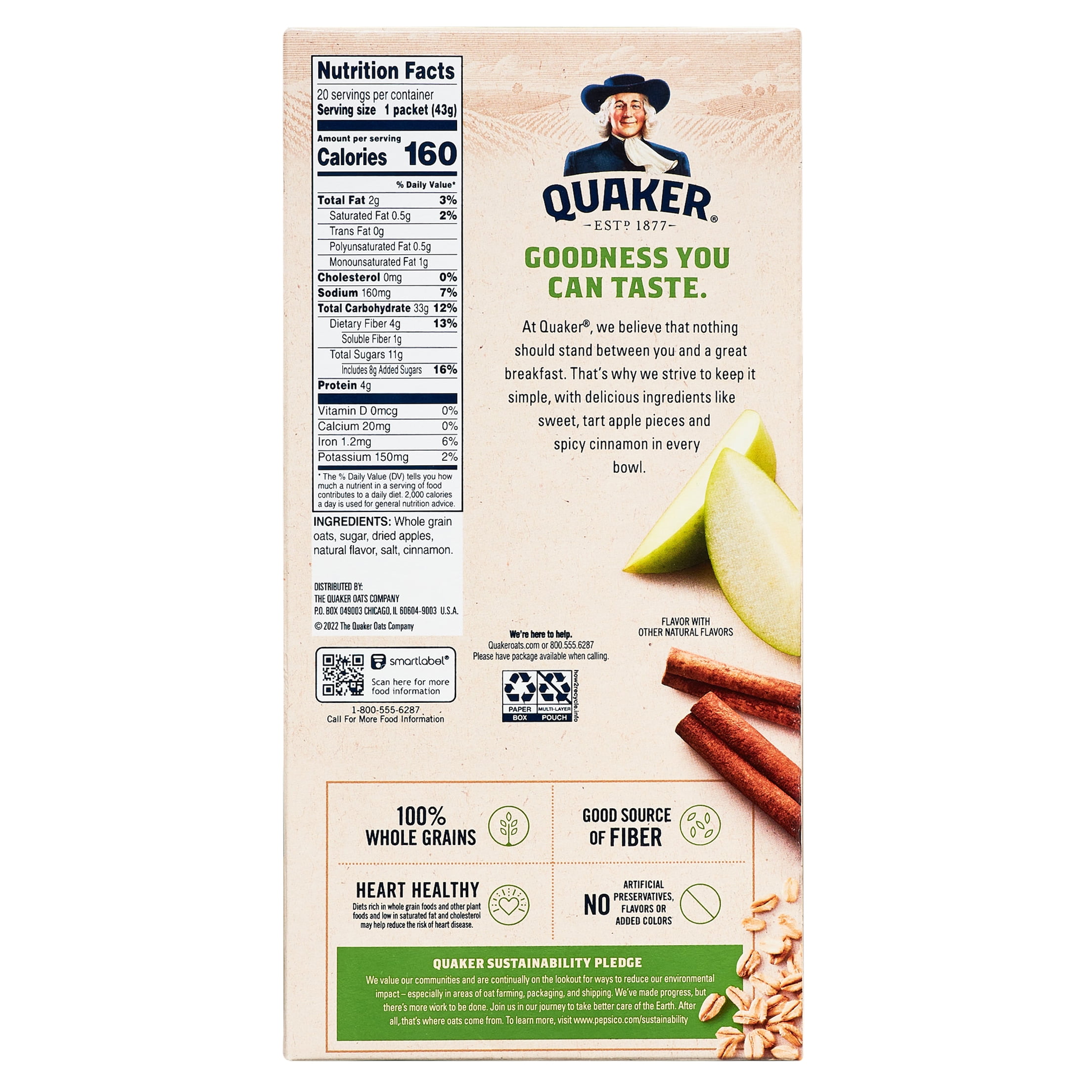 (8 pack) Quaker, Instant Oatmeal, Apple & Cinnamon, 1.51 oz, 20 Packets